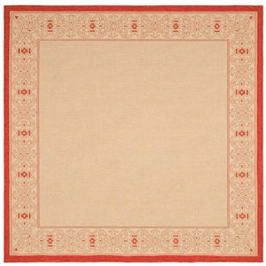 Courtyard Natural/Red 7 ft. x 7 ft. Square Border Indoor/Outdoor Patio  Area Rug