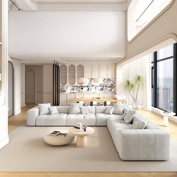J&E Home 144.17 in. Wide Square Arm Linen Modern Oversized L-Shaped Sofa For Living Room in Beige