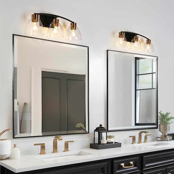 Modern 23.2 in. 3-Light Black and Brass Bath Vanity Light with Bell Clear Glass Shades Classic Wall Light LED Compatible