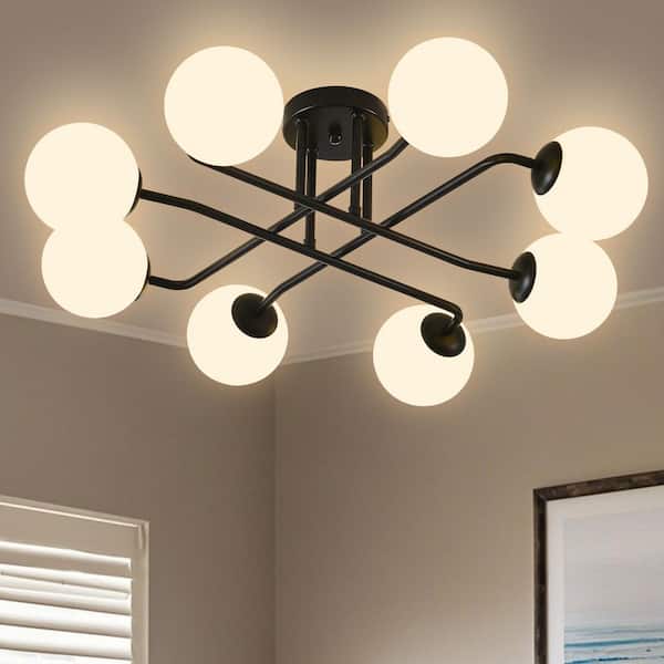 Modern 27.2 in. 8-LIght Black Sputnik Semi-Flush Mount Ceiling Light Fixture with Globe Frosted Glass Shade
