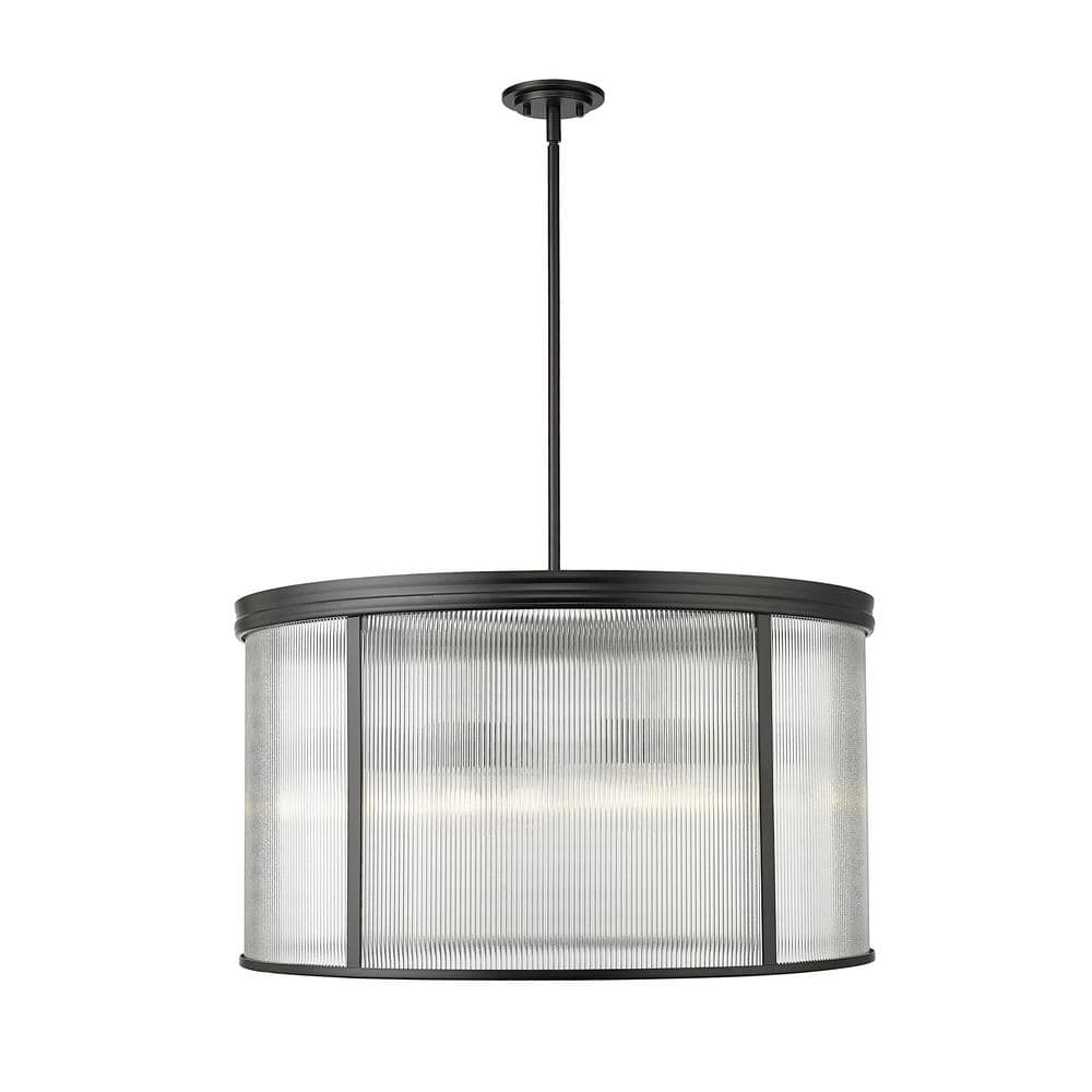 Carnaby 32.25 in. 9-Light Matte Black Chandelier with Clear Ribbed Glass Sh