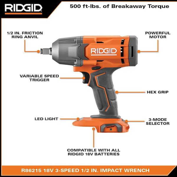RIDGID - 18V Cordless 3-Tool Combo Kit with Inflator, Impact Wrench, Hybrid Panel Light, 4.0 Ah Battery, and Charger