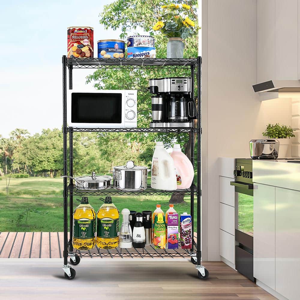 Adjustable Black Steel 4-Tier Shelving Unit with Wheels