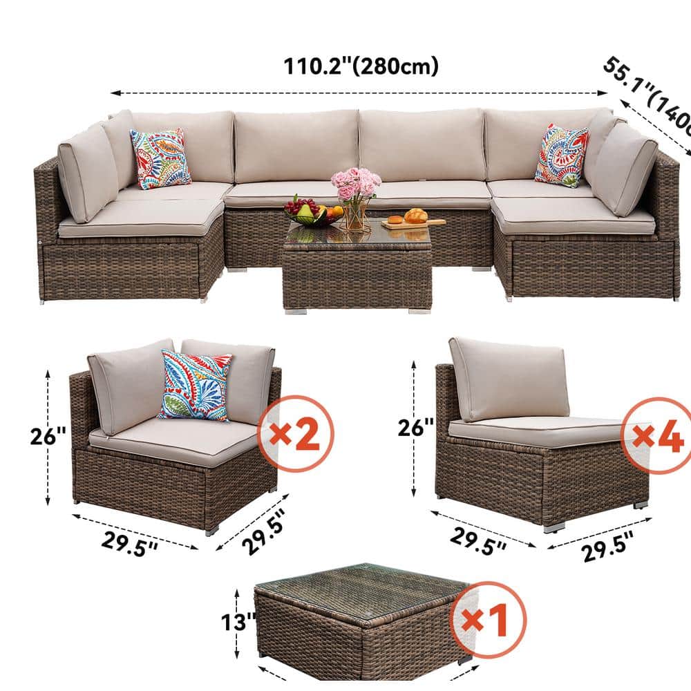 Full view of the 7-piece brown wicker patio set.