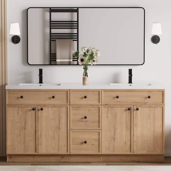 72 in. W x 18.1 in. D Double Sink Freestanding Oak Bath Vanity with White Integrated Composite Resin Top Drain Set
