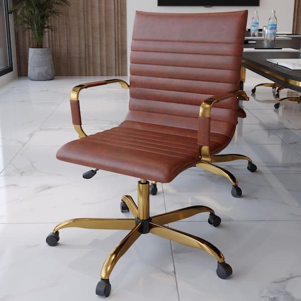 Leisuremod Harris Mid-Back Leather Office Chair Gold Frame