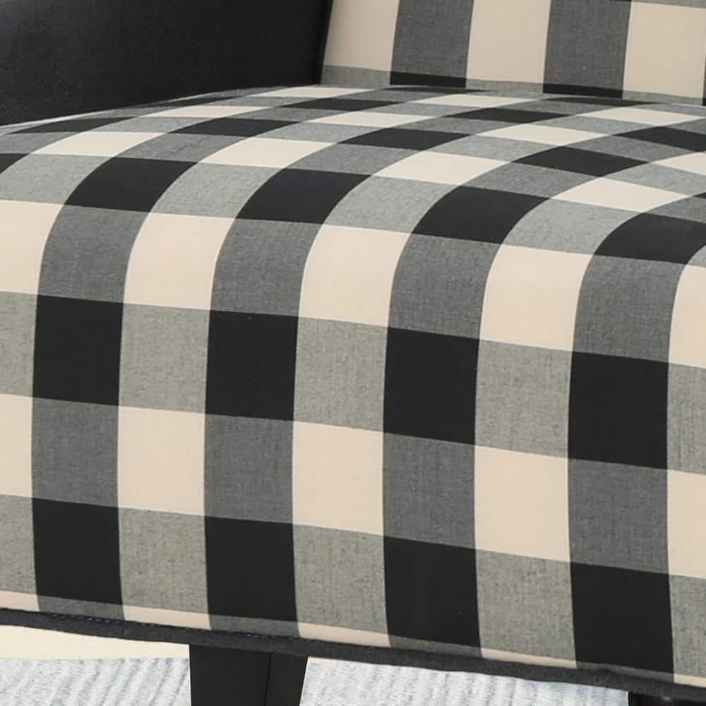 Handcrafted Black and Beige Plaid Wood Club Accent Chair