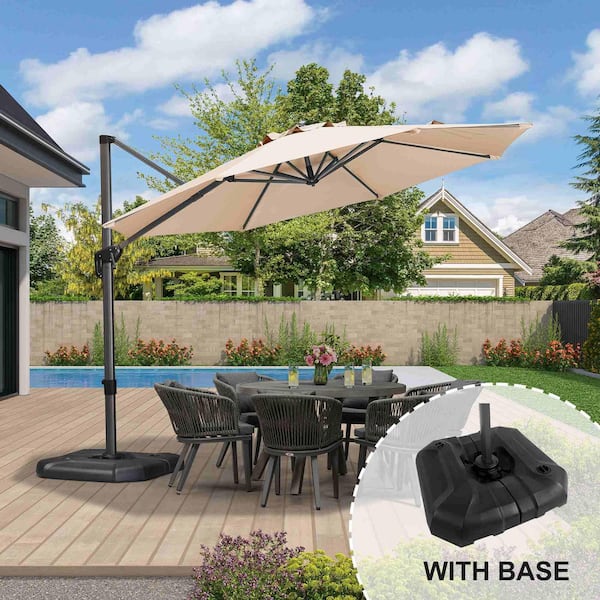 11 ft. Octagon Aluminum Outdoor Patio Cantilever Umbrella Offset 360° Rotation Umbrella with Base, Beige