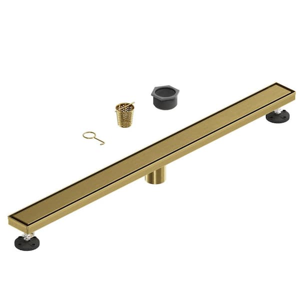 36 in. Linear Shower Drain, Square Grid Pattern 304 Stainless Steel Floor Drain w/Hair Strainer, Brushed Gold