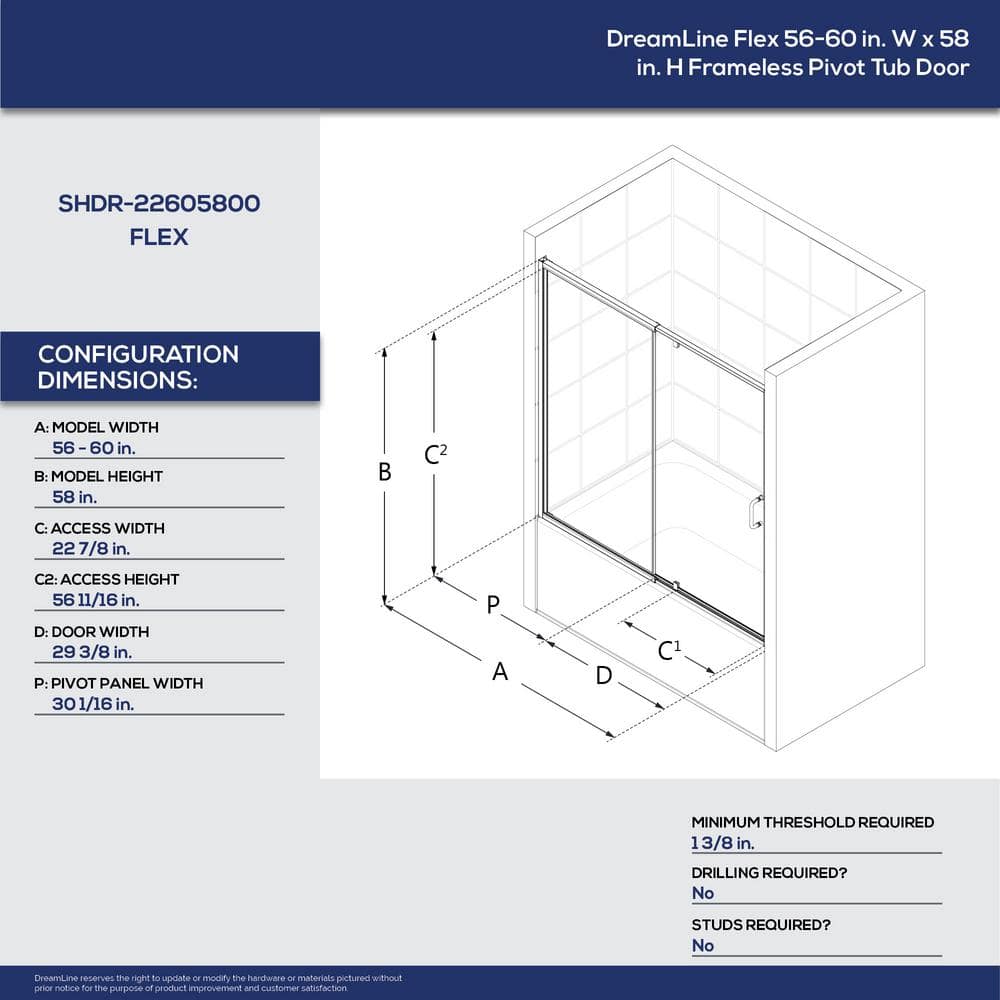 Flex Chrome Semi-Frameless Pivot Tub Door 56-60" W x 58" H