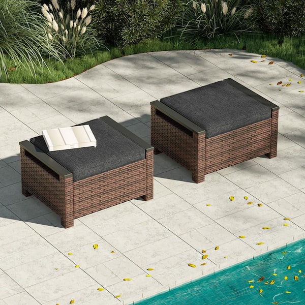 2-Pieces Outdoor Ottoman PE Brown Wicker All-Weather Patio Ottomans with Black Cushion