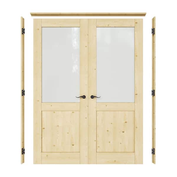 60 in. x 80 in. 1/2-Lite Frosted Glass Universal Solid Core Unfinished Pine Wood Double Prehung French Door+ Pine Jamb