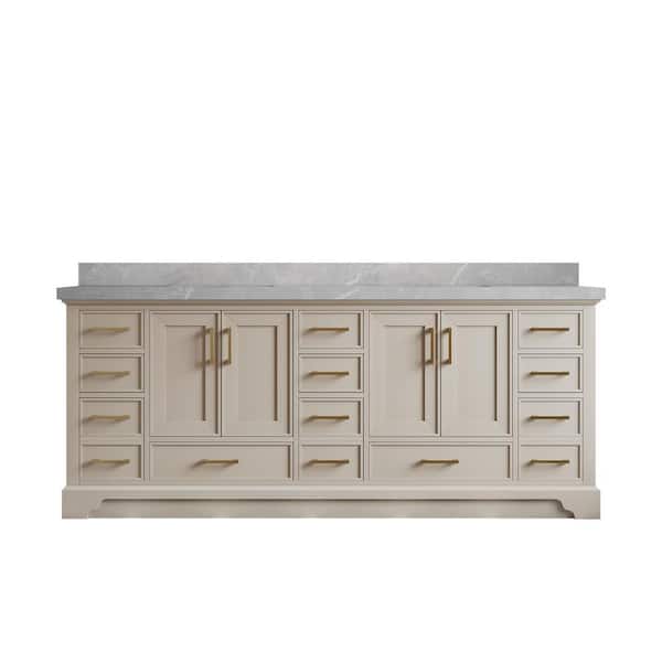 Charlotte 84 in. Double Sink Freestanding Black Top Bath Vanity with Pearl Gray Qt. Top Unassembled