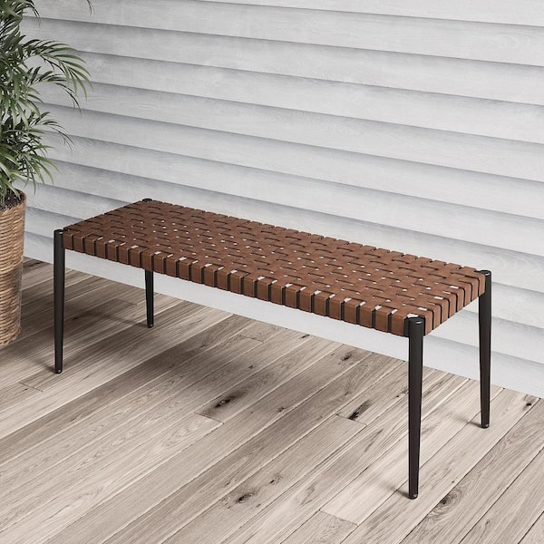 Yangming Natural 2-Seat Wicker Rattan Outdoor Bench Chair Storage Stool with Steel Frame for Porch, Living Room