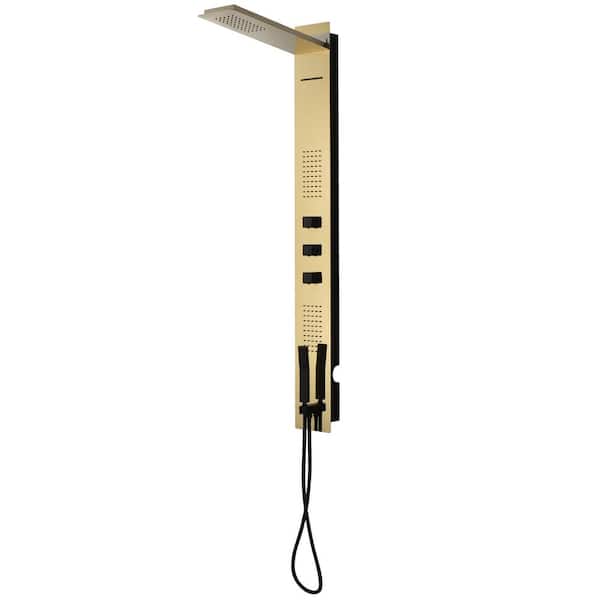 Dual 4-in-1 2-Jet Rainfall Shower Panel System with Rainfall Waterfall Shower Head and Shower Wand in Black Gold