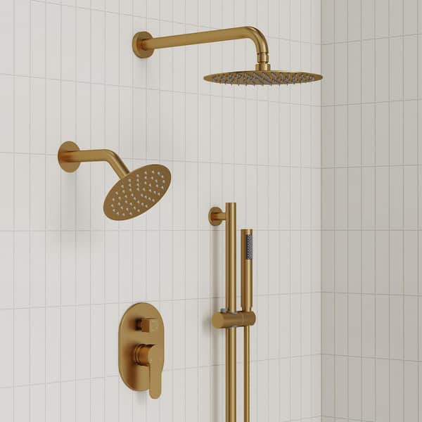 3-Spray Patterns Round Fixed Shower Head 10 and 6 in. with 2.5 GPM Wall Mount Dual Shower Heads in Brushed Gold