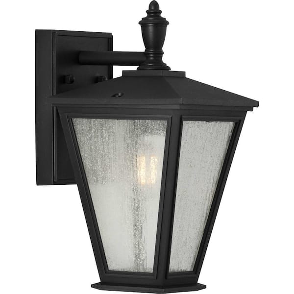 Progress Lighting Cardiff Collection 1-Light Textured Black Clear Seeded Glass New Traditional Outdoor Small Wall Lantern Light