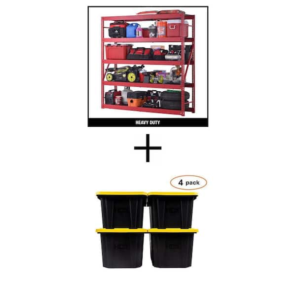 5-Shelf Metal Garage Shelving Unit (90 in.x90 in.x24 in.) with 27 Gal. Black/Yellow Storage Totes Combo (4-Pack)