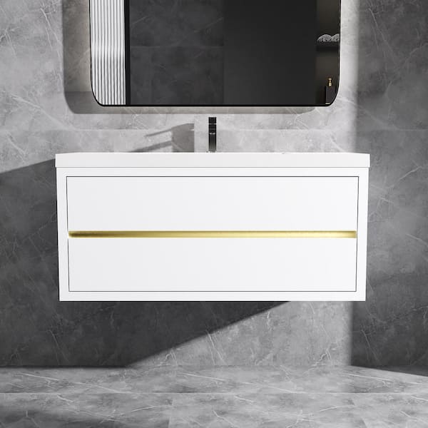 48 in. Wall-Mounted Floating Bath Vanity in White with Single Solid Surface Sink Top in White