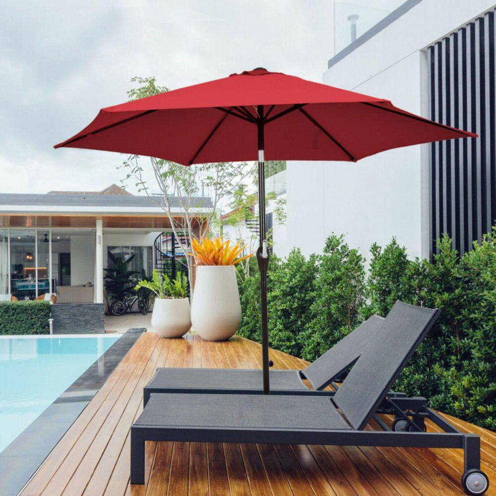 Red 9ft Steel Frame Outdoor Patio Umbrella with Crank