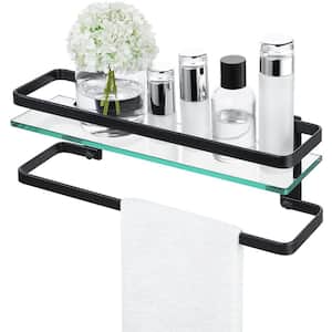 16 in. W x 5 in. D x 5 in.H Wall Mount Glass Floating Shelf With Towel Bar Black
