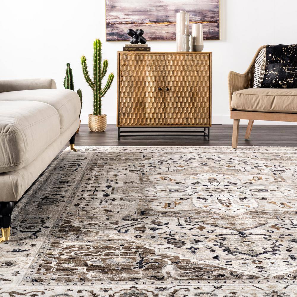Beige Tufted Synthetic Medallion Runner Rug, 2'8" x 8'