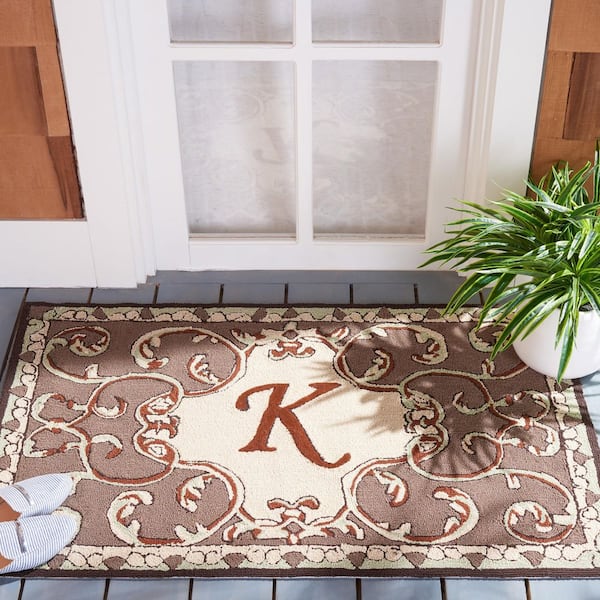 Monogram Mocha 3 ft. x 4 ft. "K" Ornate Floral Indoor/Outdoor Area Rug