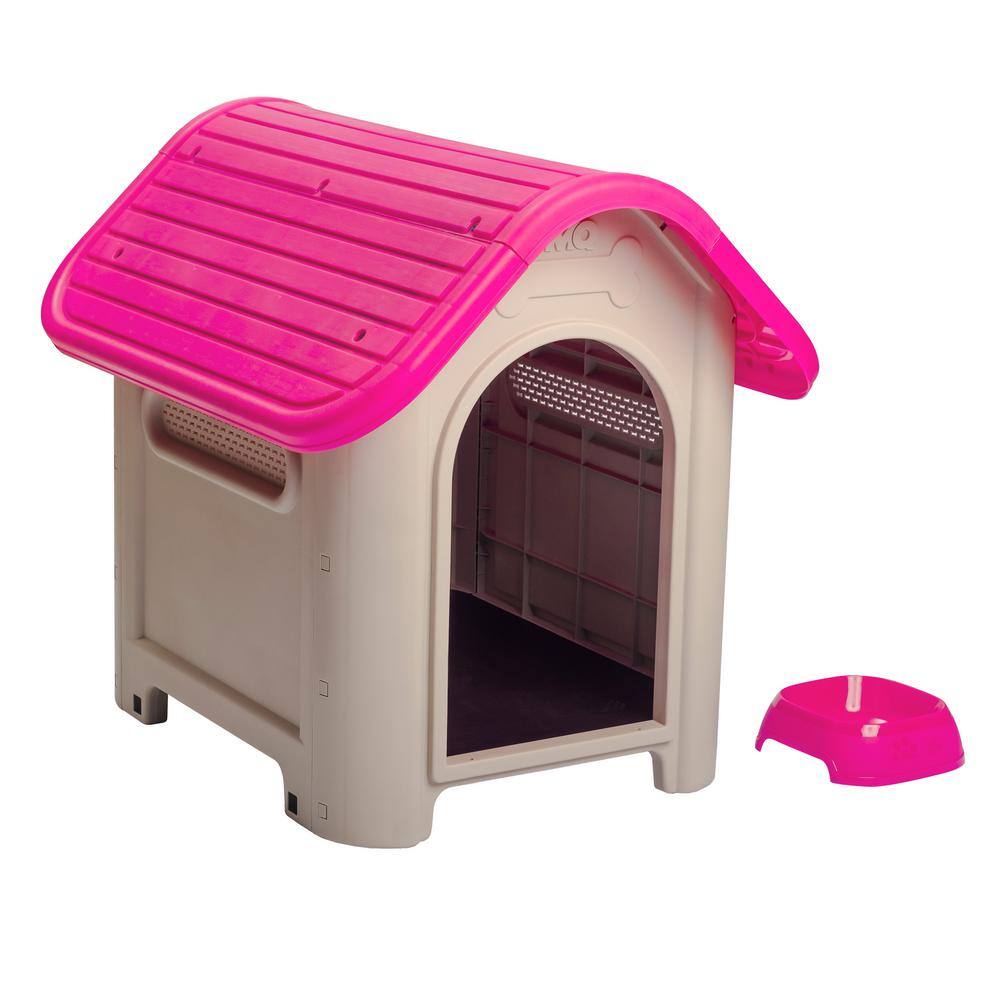 Magenta and Beige Polypropylene Dog House with Bowl for Small/Medium Breeds