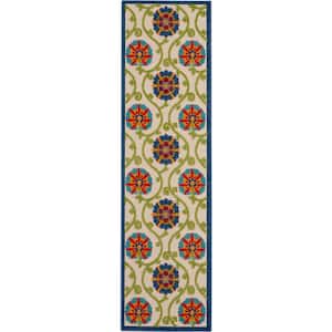 Aloha Easy-Care Blue/Multicolor 2 ft. x 8 ft. Kitchen Runner Floral Modern Indoor/Outdoor Patio Area Rug