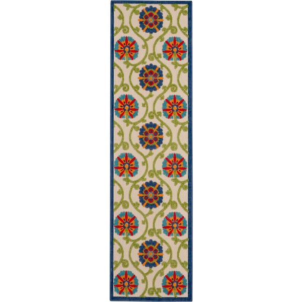 Nourison Aloha Easy-Care Blue/Multicolor 2 ft. x 8 ft. Kitchen Runner Floral Modern Indoor/Outdoor Patio Area Rug