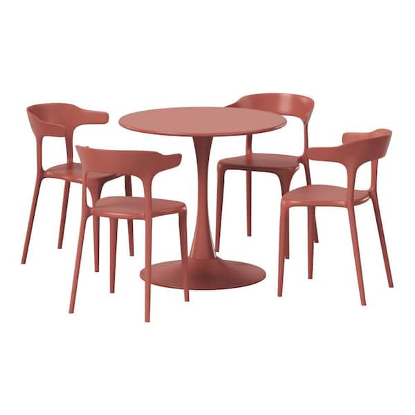 Frond and Form Outdoor Patio Modern 5-Piece Round HDPE Plastic Dining Table Set with Stackable Chairs, Red