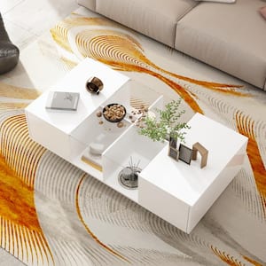47.4 in. W White Rectangle Particle Board Wooden Coffee Table with 2 Drawers, Glass Table Top & 4 Open Shelves