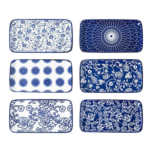 Ceramic Set of 6 Vintage Blue Porcelain Rectangular Serving Plates 8.1 x 4.5 x 0.75 in. Sushi Salad Dessert Unit