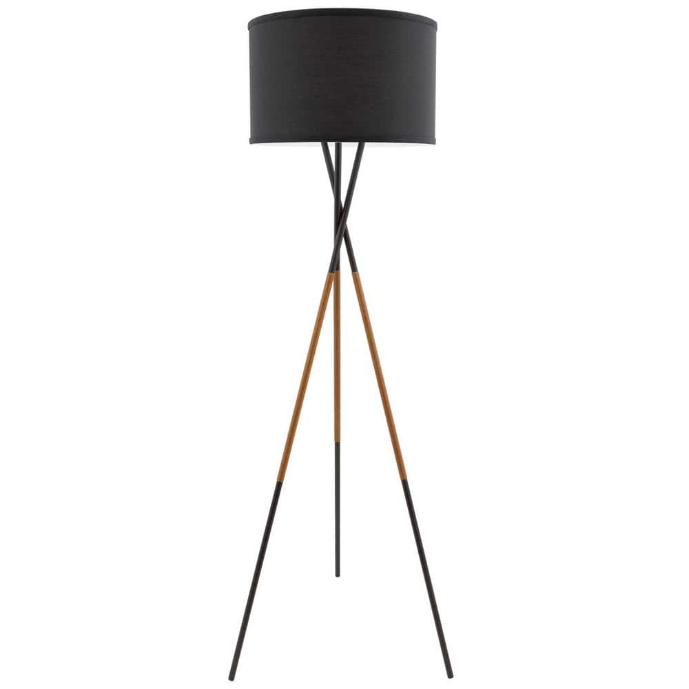 Black Tripod Floor Lamp with Fabric Shade and Faux Leather Accents