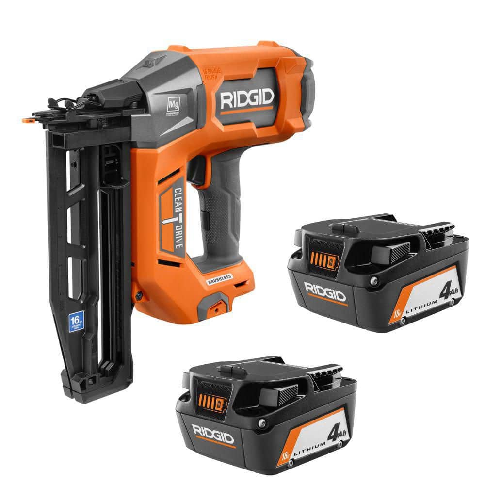 RIDGID 18V Brushless Cordless 16-Gauge 2-1/2 in. Straight Finish Nailer with 18V Lithium-Ion 4.0 Ah Battery (2-Pack) (R09893R87004P)