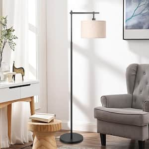 63 in. Black 1-Light Arched Floor Lamp for Living Room with Fabric Drum Shade