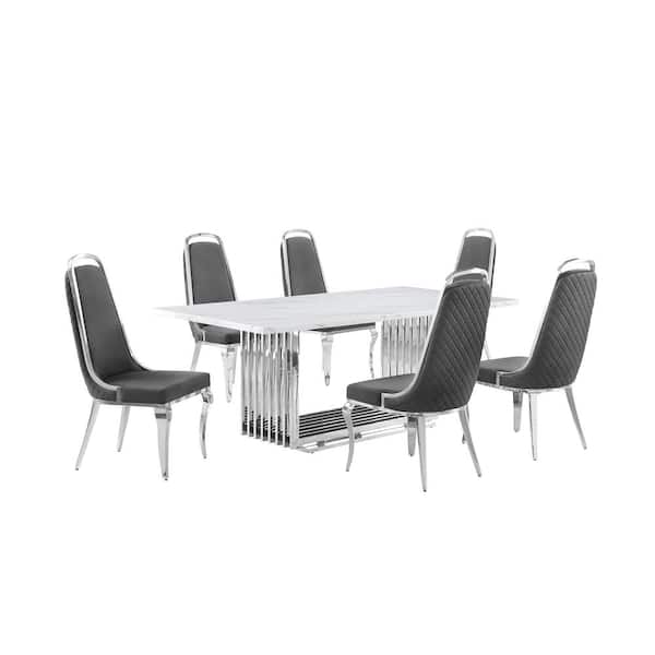 Best Quality Furniture Lisa 7-Piece Rectangle White Marble Top Stainless Steel Base Dining Set with 6-Dark Grey Velvet Chrome Iron Chairs