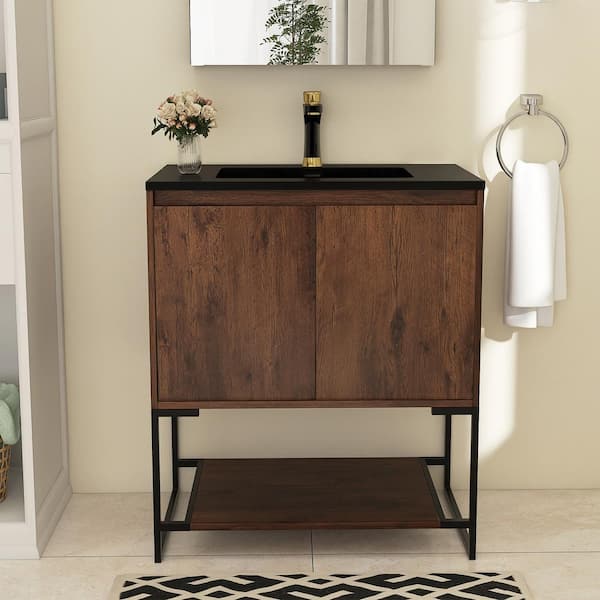 30 in. W X 19 in. D X 34 in. H Single Sink Freestanding Bath Vanity in Rose Wood With Black Resin Top