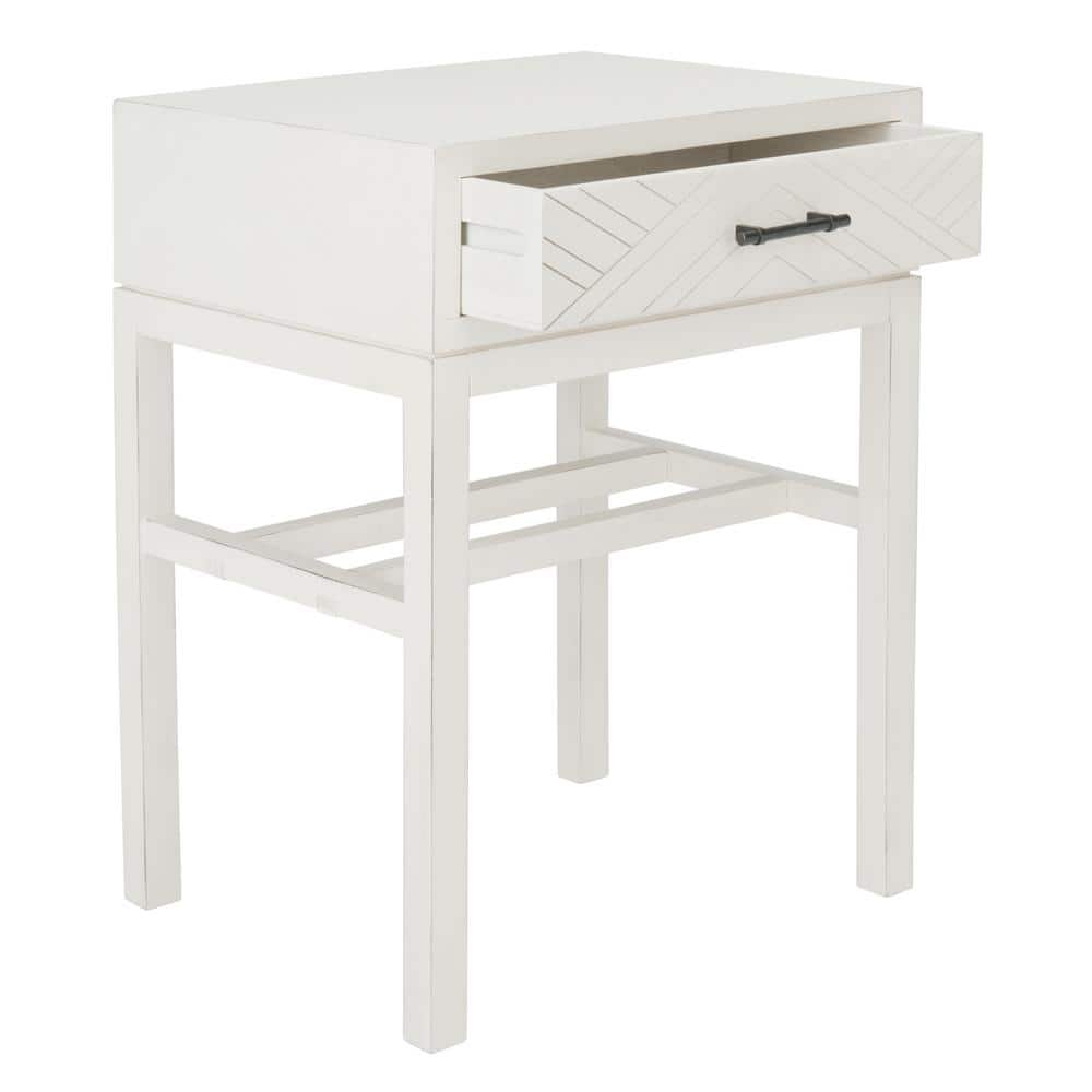 Chevron-Inspired Distressed White Wood & Metal Accent Table with Storage