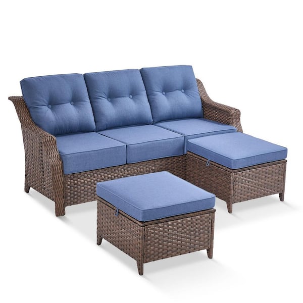 Circle Brown 3-Piece Wicker Outdoor Couch Patio Sofa with Multifunctional Ottomans and 6 in. Olefin Blue Cushions