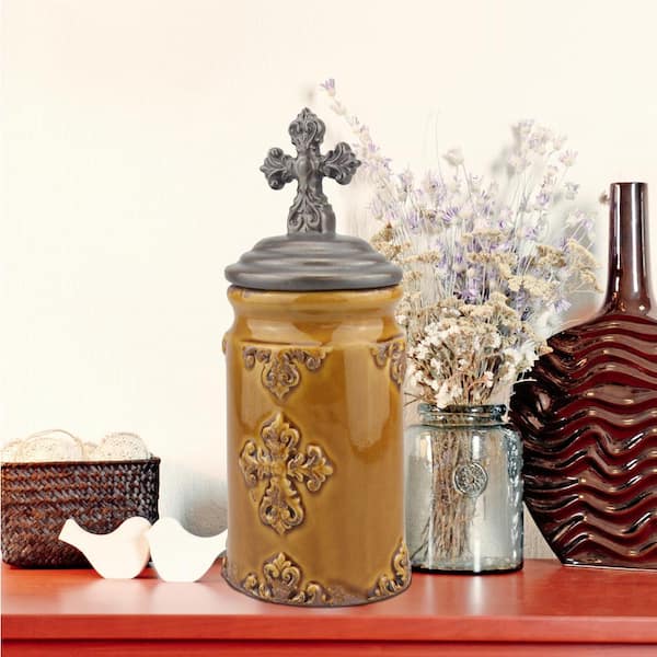 Stonebriar Collection 5in. X 10in. Worn Amber Ceramic Cross Canister