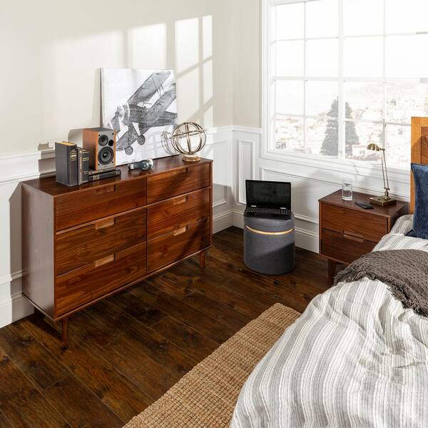 Mid Century Modern Solid Wood Dresser, Welwick Designs 57 Classic Solid Wood 6 Drawer Dresser Walnut
