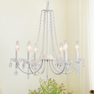 6-Light White Traditional Candle Style Crystal Chandelier for Dining Room Living Room with No Bulbs Included