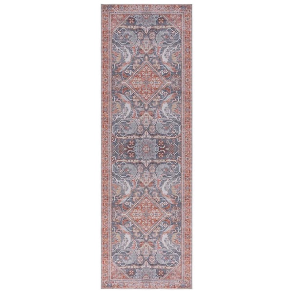 SAFAVIEH Tucson Gray/Rust 3 ft. x 8 ft. Machine Washable Border Floral Runner Rug