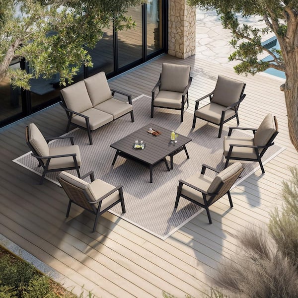 9 Pcs Patio Furniture Set with Thick CushionMetal Patio Conversation Sets with 6 Armchairs & Loveseat & 2 Coffee Tables