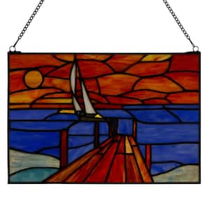 Sunset Sail Blue/Orange Rectangular Stained Glass Window Panel