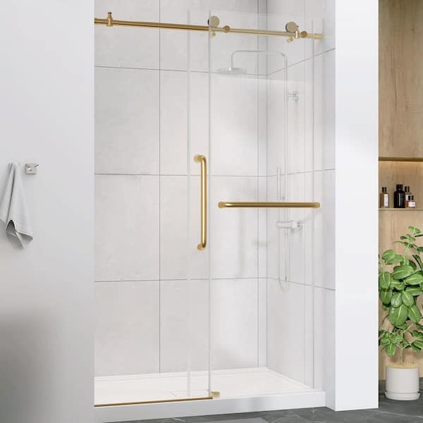 44-48 in. W x 75 in. H Single Sliding Frameless Shower Door in Gold with 1/4 in. Nano-Coated Clear Tempered Glass