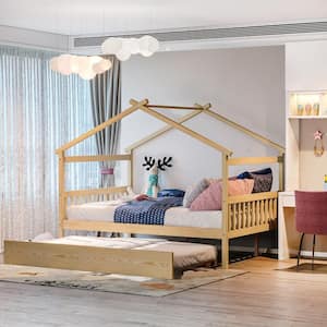 Natural Full Size Wood House Bed Kids Bed with Twin Size Trundle