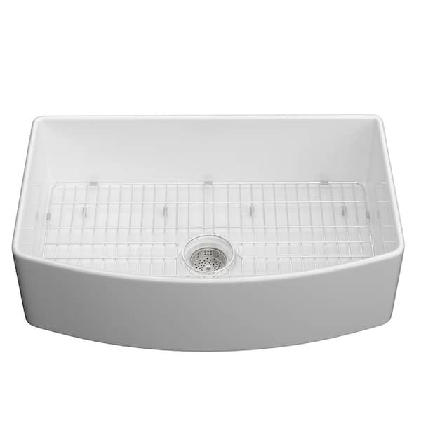Zeafive 33 in. Farmhouse/Apron-Front Curve Single Bowl Fireclay Kitchen Sink Gloss white with Bottom Grid and Strainer