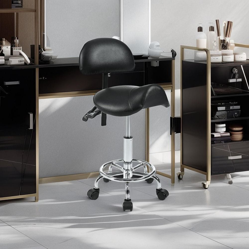 Ergonomic Saddle Stool with Wheels, Foot Rest and Adjustable Back, PU Leath